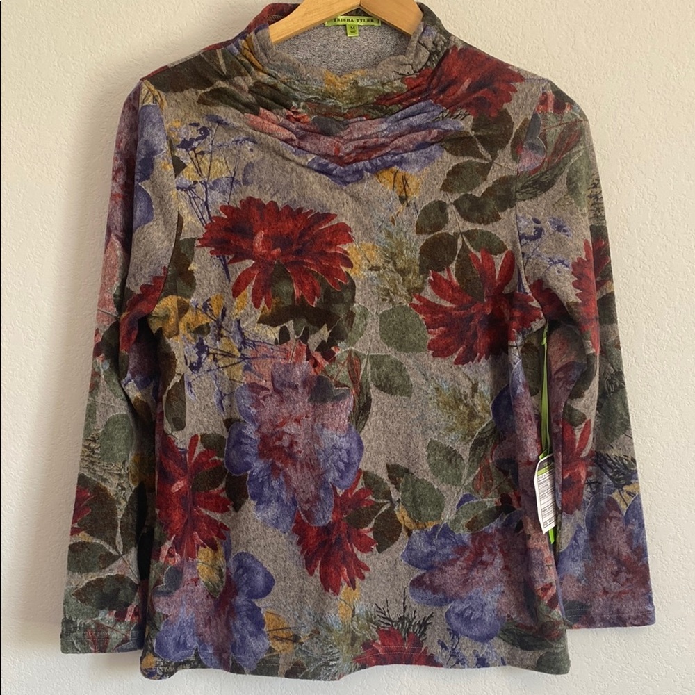 Trisha Tyler Long Sleeve Top NWT Grey & Floral Mock Neck Shirt w Smocking Sz M